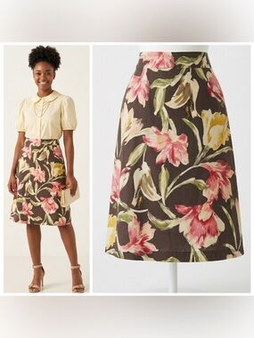 Talbots Vintage Floral Print Silk Cotton A-Line Skirt Brown Pink Yellow Size 12